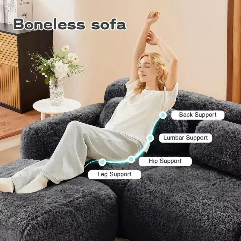 Canapé sans os en tissu peluche kaki clair de 203 cm avec coussins de jet et pouf en éponge haute densité 32D pour salons