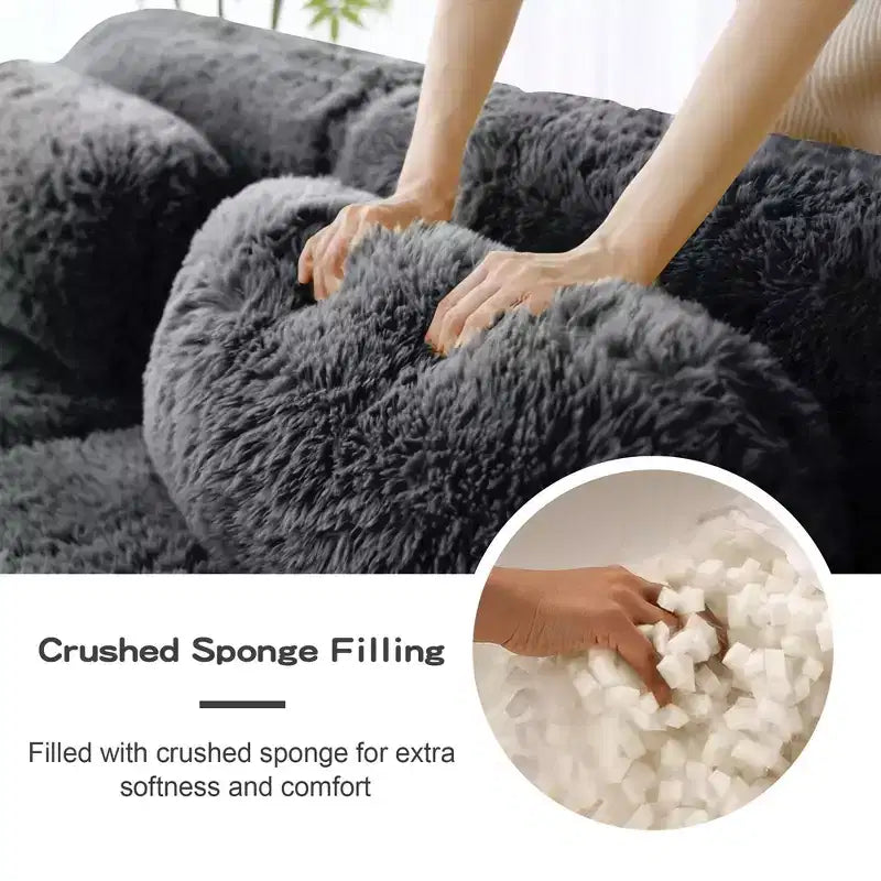 Canapé sans os en tissu peluche kaki clair de 203 cm avec coussins de jet et pouf en éponge haute densité 32D pour salons