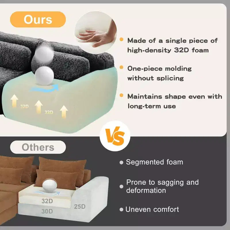 Canapé sans os en tissu peluche kaki clair de 203 cm avec coussins de jet et pouf en éponge haute densité 32D pour salons