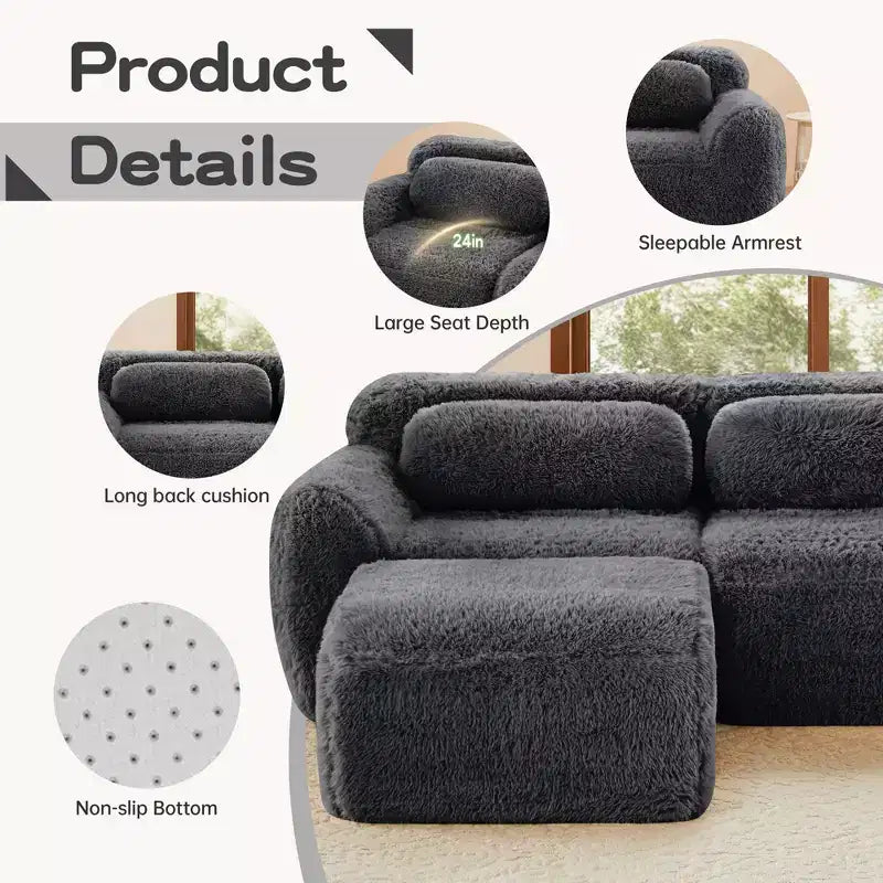 Canapé sans os en tissu peluche kaki clair de 203 cm avec coussins de jet et pouf en éponge haute densité 32D pour salons