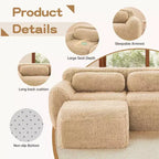 Canapé sans os en tissu peluche kaki clair de 203 cm avec coussins de jet et pouf en éponge haute densité 32D pour salons
