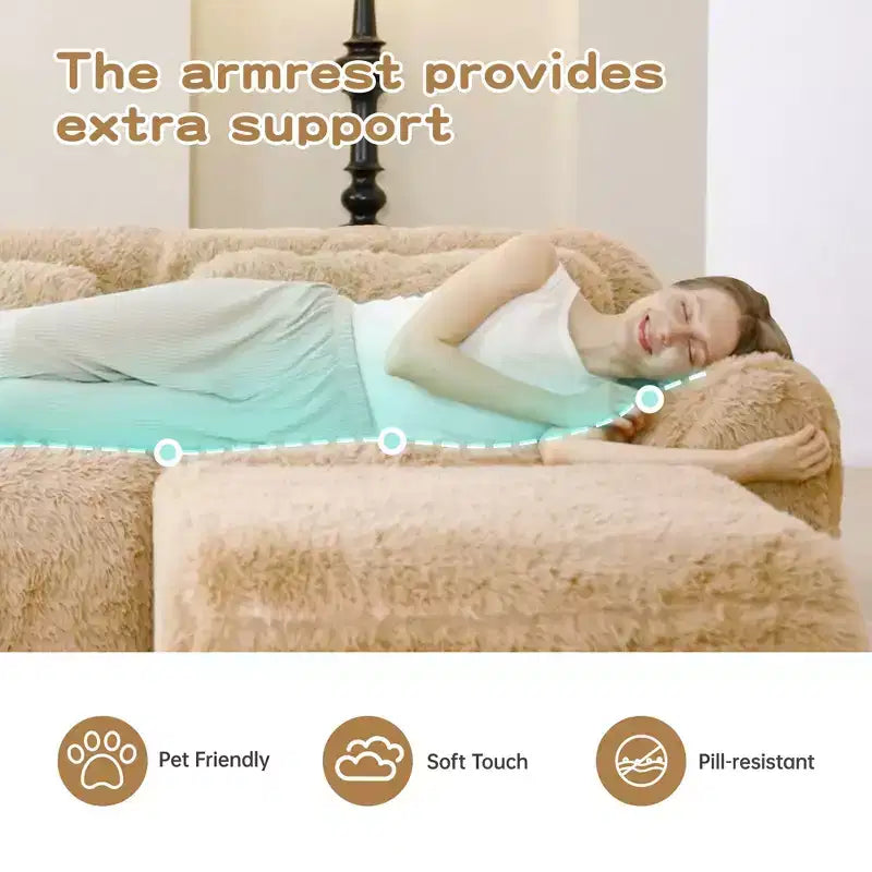 Canapé sans os en tissu peluche kaki clair de 203 cm avec coussins de jet et pouf en éponge haute densité 32D pour salons