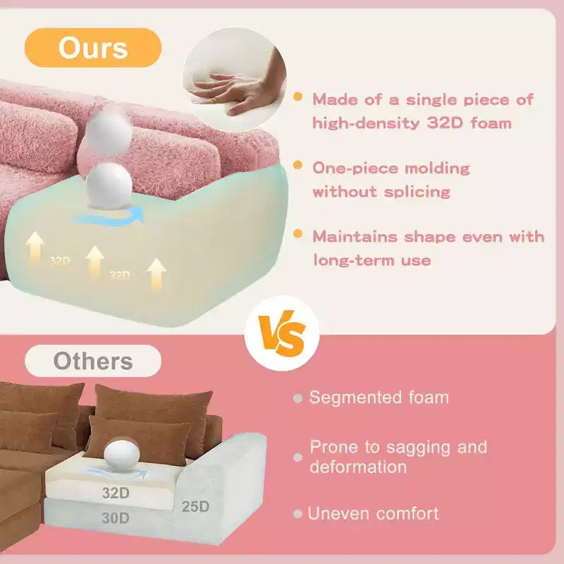 Canapé sans os en tissu peluche kaki clair de 203 cm avec coussins de jet et pouf en éponge haute densité 32D pour salons