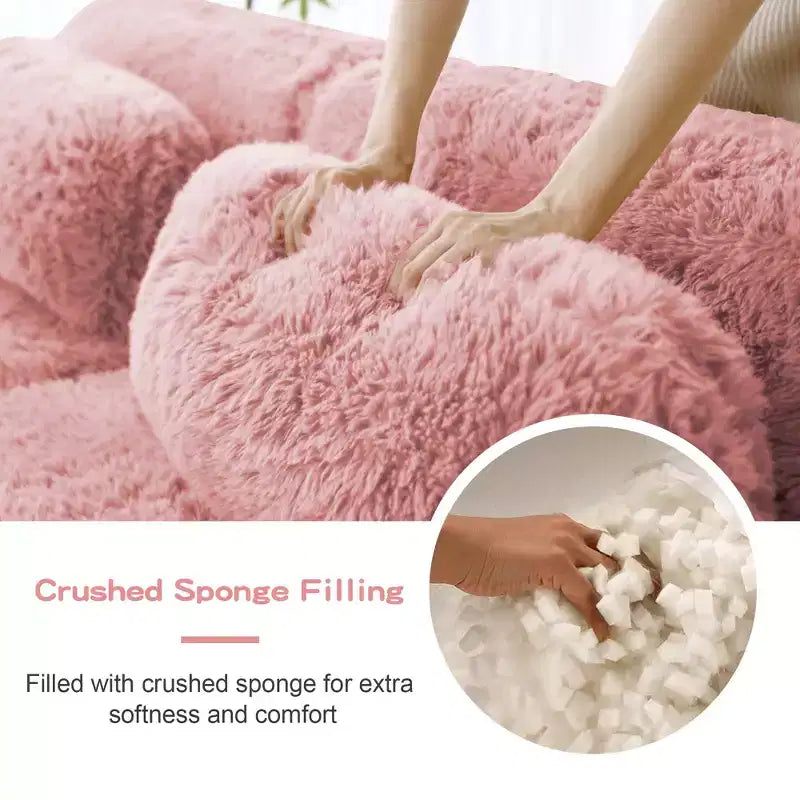 Canapé sans os en tissu peluche kaki clair de 203 cm avec coussins de jet et pouf en éponge haute densité 32D pour salons