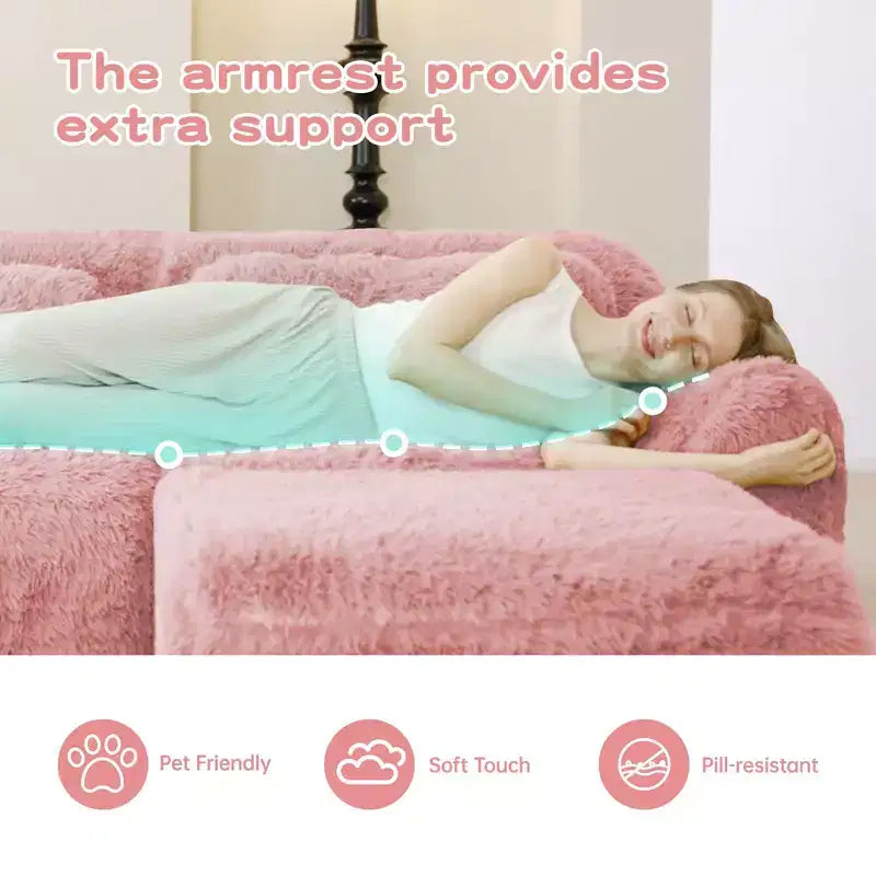Canapé sans os en tissu peluche kaki clair de 203 cm avec coussins de jet et pouf en éponge haute densité 32D pour salons
