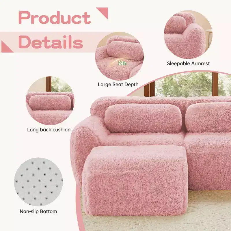 Canapé sans os en tissu peluche kaki clair de 203 cm avec coussins de jet et pouf en éponge haute densité 32D pour salons