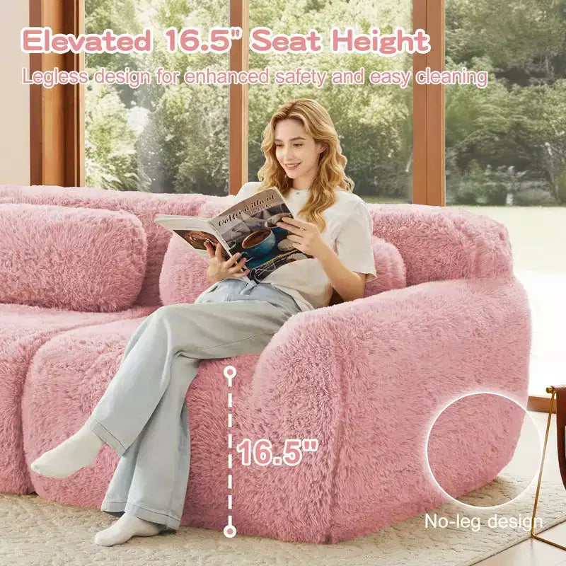 Canapé sans os en tissu peluche kaki clair de 203 cm avec coussins de jet et pouf en éponge haute densité 32D pour salons