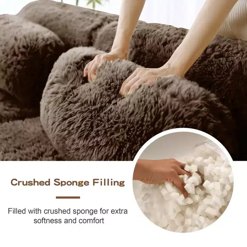 Canapé sans os en tissu peluche kaki clair de 203 cm avec coussins de jet et pouf en éponge haute densité 32D pour salons