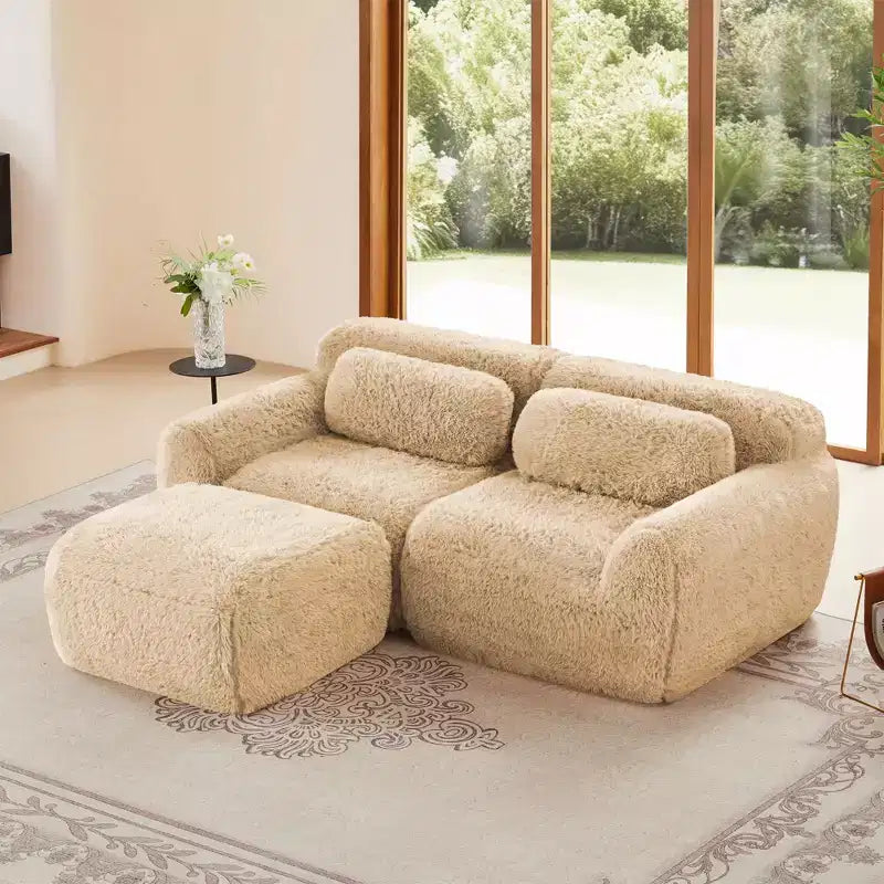 Canapé sans os en tissu peluche kaki clair de 203 cm avec coussins de jet et pouf en éponge haute densité 32D pour salons