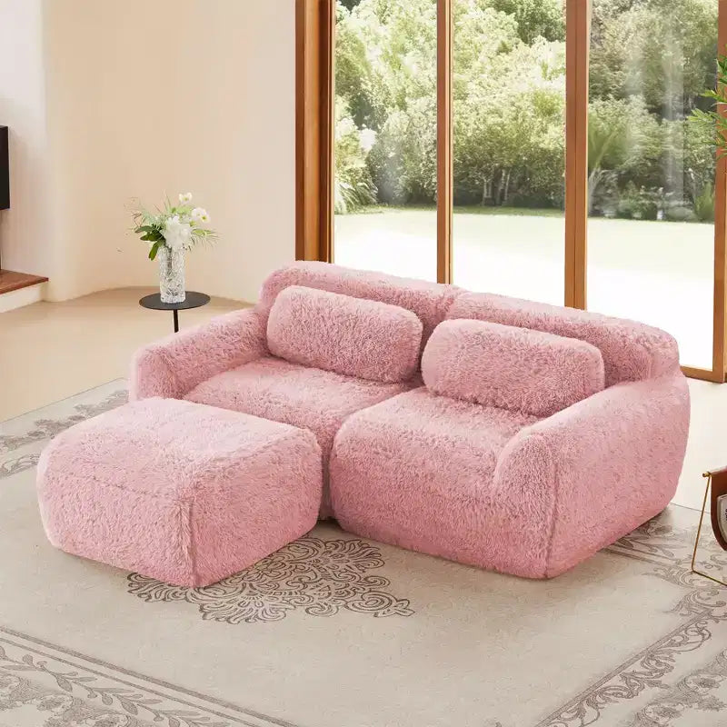Canapé sans os en tissu peluche kaki clair de 203 cm avec coussins de jet et pouf en éponge haute densité 32D pour salons