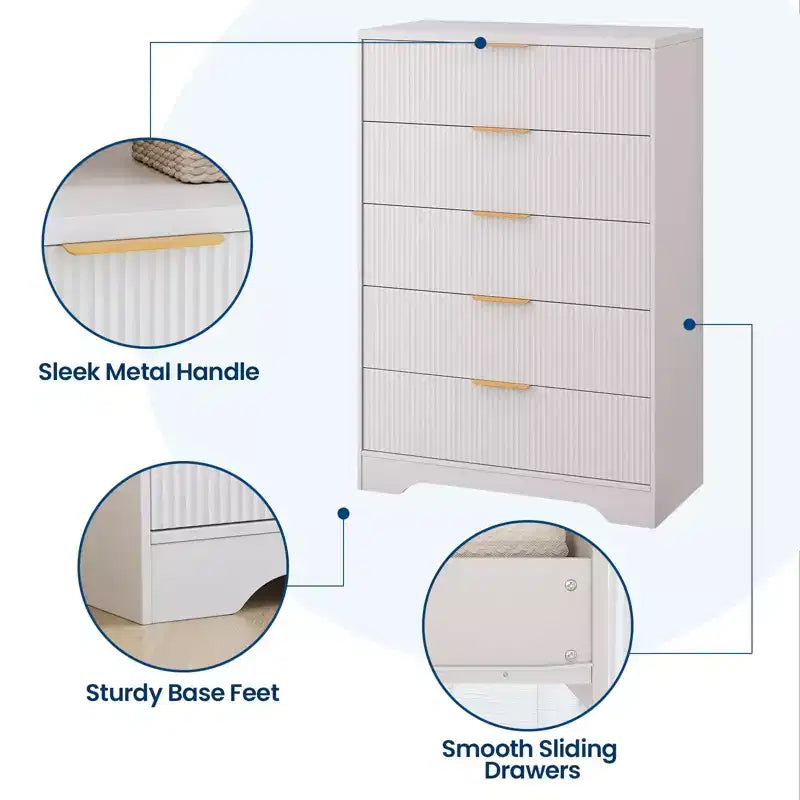 Commode Blanche pour Chambre, Grande Commode Moderne de 80 cm avec 5 Tiroirs à Coulissement Doux et Poignées en Métal Doré, pour Placard, Entrée, Couloir
