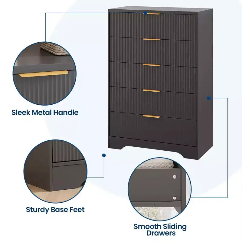 Commode Blanche pour Chambre, Grande Commode Moderne de 80 cm avec 5 Tiroirs à Coulissement Doux et Poignées en Métal Doré, pour Placard, Entrée, Couloir