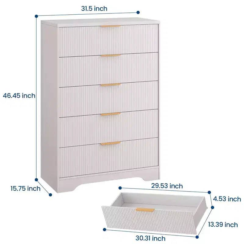 Commode Blanche pour Chambre, Grande Commode Moderne de 80 cm avec 5 Tiroirs à Coulissement Doux et Poignées en Métal Doré, pour Placard, Entrée, Couloir