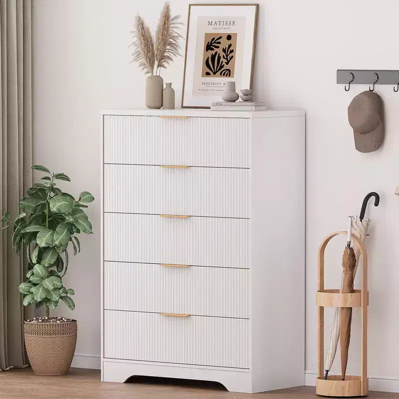 Commode Blanche pour Chambre, Grande Commode Moderne de 80 cm avec 5 Tiroirs à Coulissement Doux et Poignées en Métal Doré, pour Placard, Entrée, Couloir