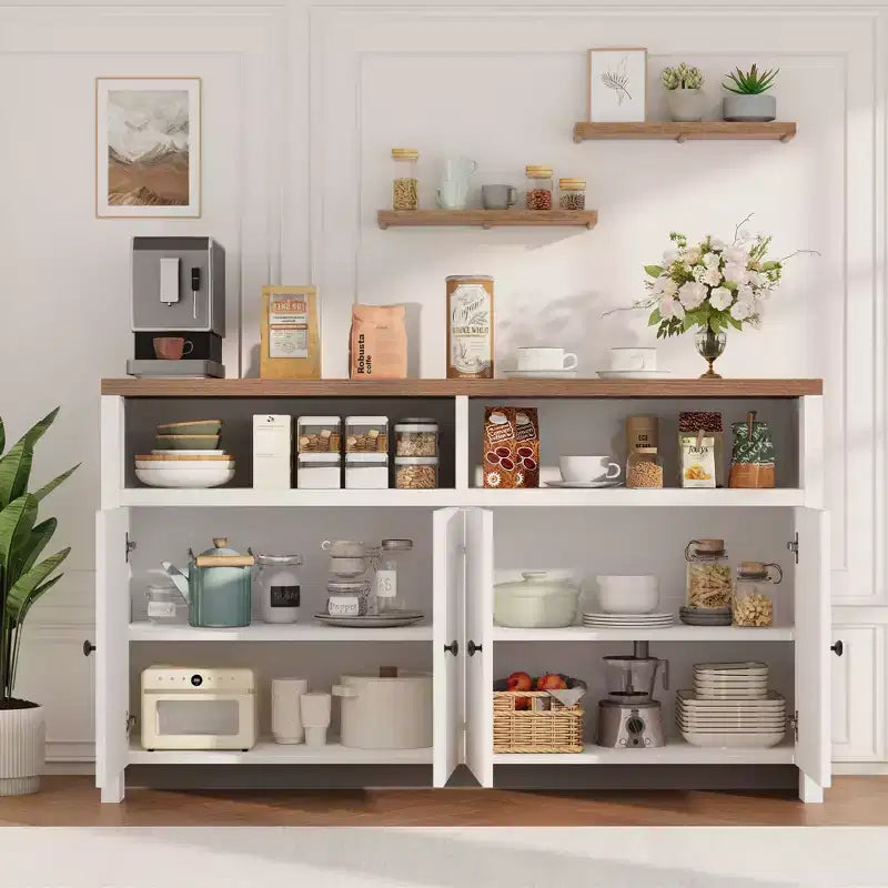 Buffet de ferme avec rangement, meuble de bar à café avec portes et étagères réglables, console en bois moderne pour la cuisine, le salon