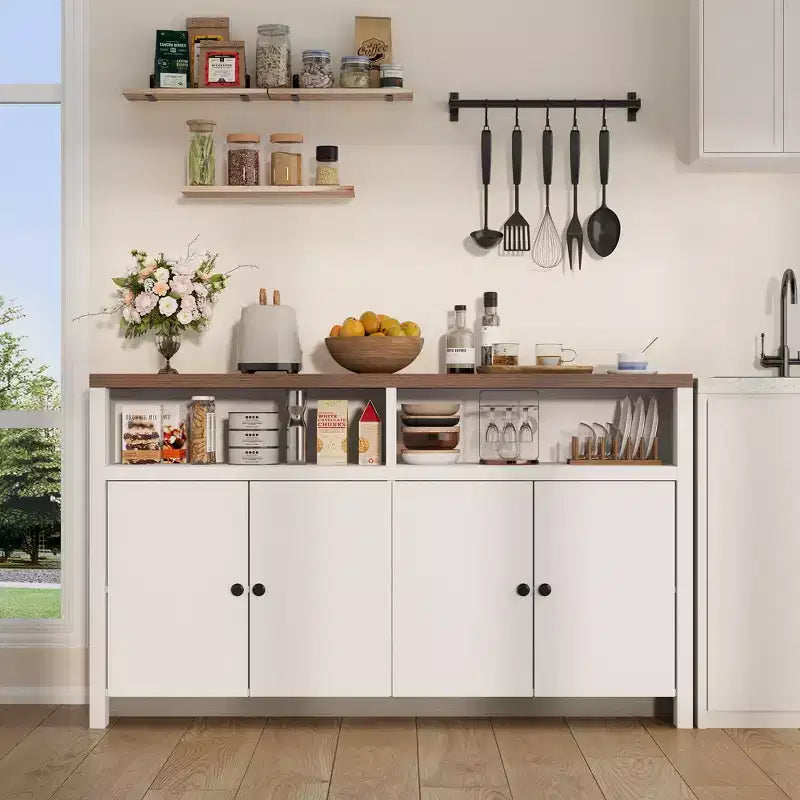 Buffet de ferme avec rangement, meuble de bar à café avec portes et étagères réglables, console en bois moderne pour la cuisine, le salon