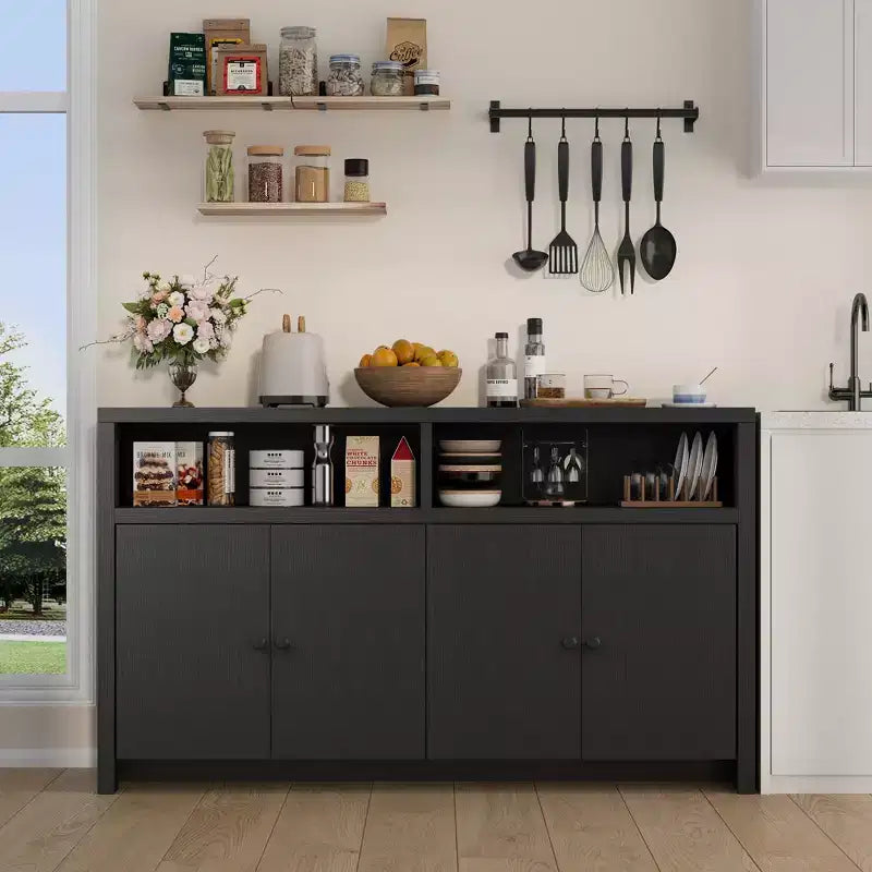 Buffet de ferme avec rangement, meuble de bar à café avec portes et étagères réglables, console en bois moderne pour la cuisine, le salon