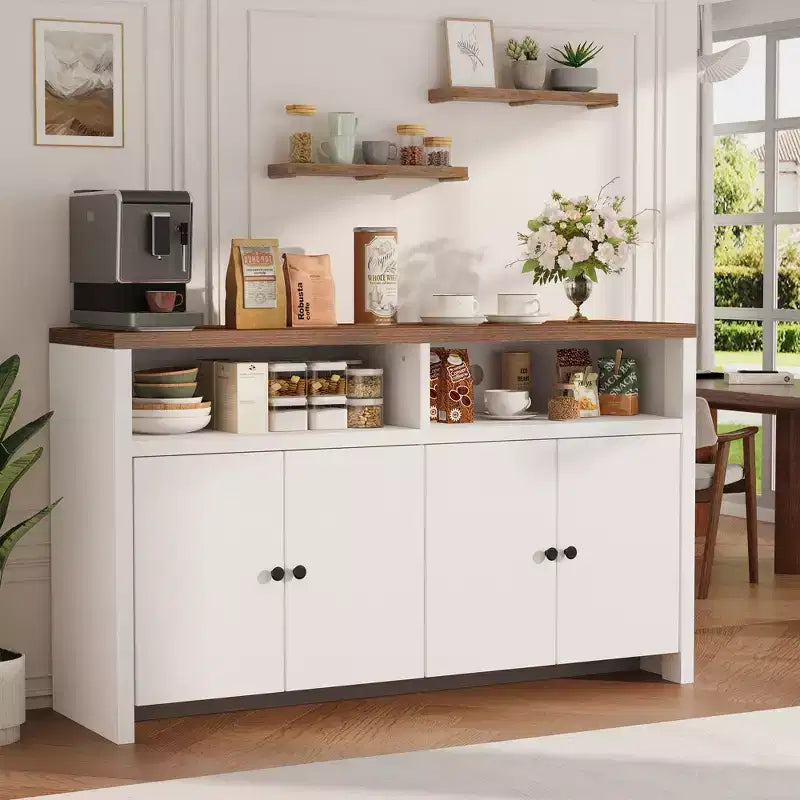 Buffet de ferme avec rangement, meuble de bar à café avec portes et étagères réglables, console en bois moderne pour la cuisine, le salon