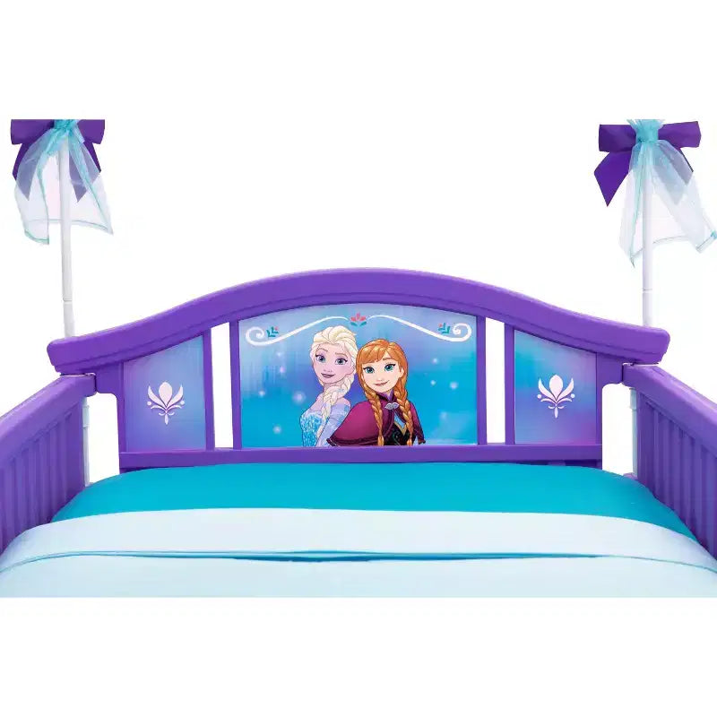 Lit à baldaquin La Reine des Neiges pour tout-petits – Cadre en acier avec barrières de sécurité et autocollants