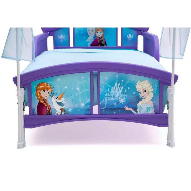 Lit à baldaquin La Reine des Neiges pour tout-petits – Cadre en acier avec barrières de sécurité et autocollants