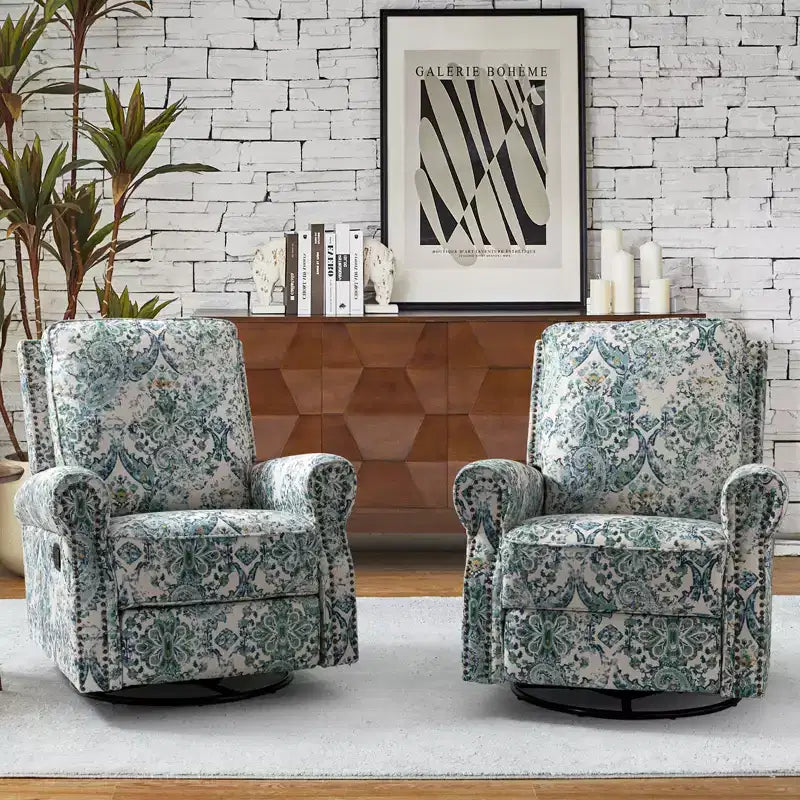 Lot de 2 fauteuils inclinables pivotants manuels traditionnels Pablo avec garnitures cloutées pour salon | KARAT HOME