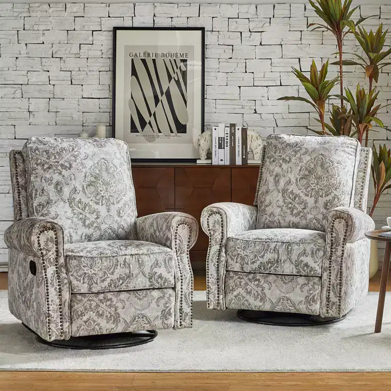 Lot de 2 fauteuils inclinables pivotants manuels traditionnels Pablo avec garnitures cloutées pour salon | KARAT HOME
