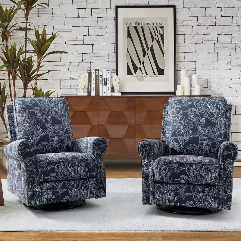 Lot de 2 fauteuils inclinables pivotants manuels traditionnels Pablo avec garnitures cloutées pour salon | KARAT HOME