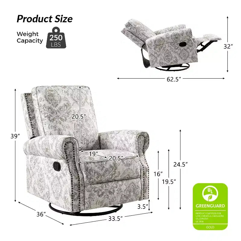 Lot de 2 fauteuils inclinables pivotants manuels traditionnels Pablo avec garnitures cloutées pour salon | KARAT HOME